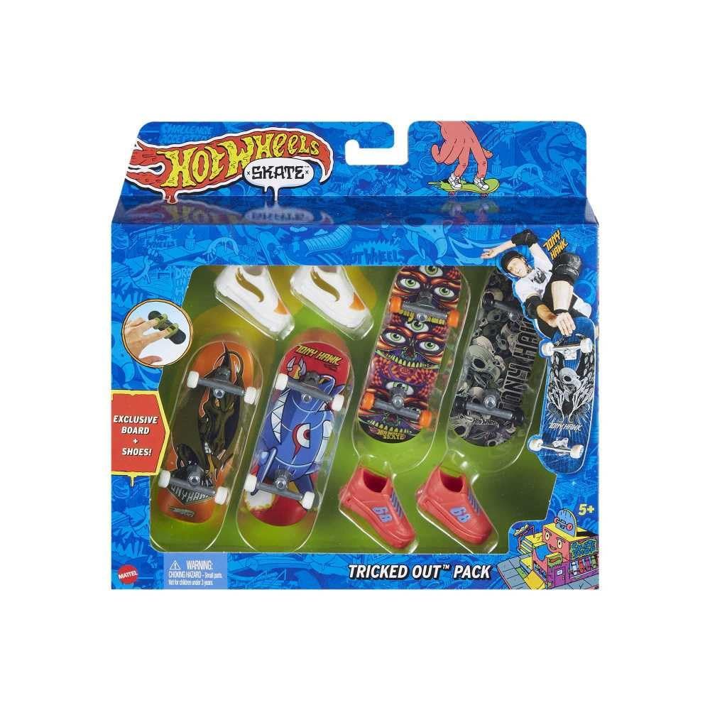 Hot Wheels Skate Tony Hawk Set of 4 Fingerboards & 2 Pairs of Removable Skate Shoes, Tricked Out Pack of Fully Assembled Boards, 1 Exclusive Set