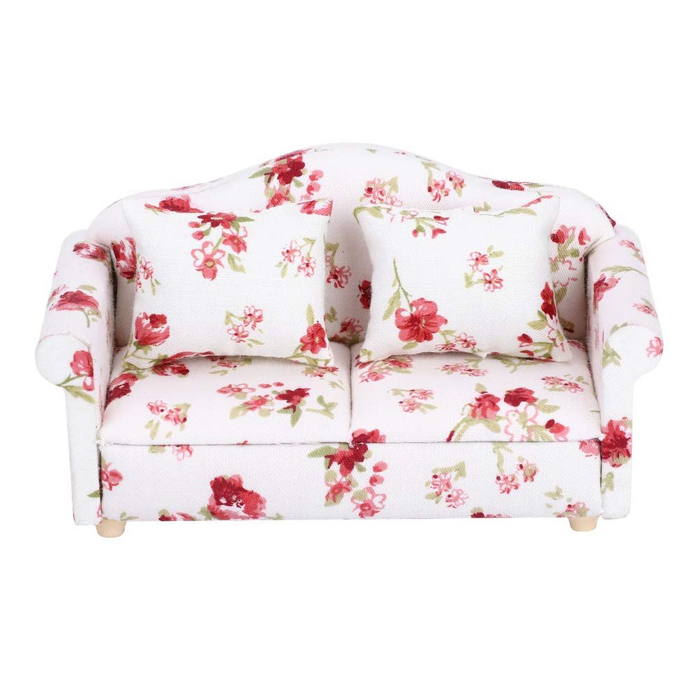 Agatige Doll Couch, Flower Pattern Mini Double Sofa for 1/12 Scale Doll(Large Flower Clusters)