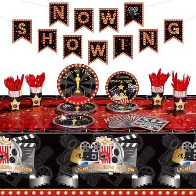 Tiamon 171 Pcs Movie Night Party Supplies Serves 24 Include Movie Theater Tablecloth Now Showing Banner TV Show Theme Plates and Napkins Tableware Set for Red Carpet Birthday Party Decorations