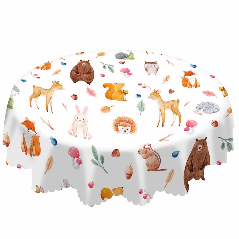 AOYEGO Wild Animal Paradise Table Cloth Deer Giraffe Bear Fox Squirrel Hedgehog Hamster Snail Round Tablecloth 60 Inch for Dining Room, Party, Banquet