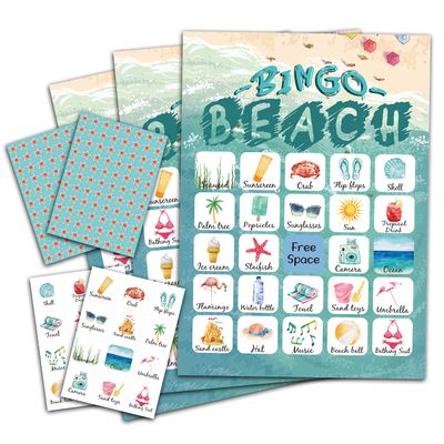 ZEDEV Beach Bingo Game, Party Games with 24 Players, Family Activities, Bingo Cards for Party Supplies, Party Favors Gifts for Young Adults - beach02