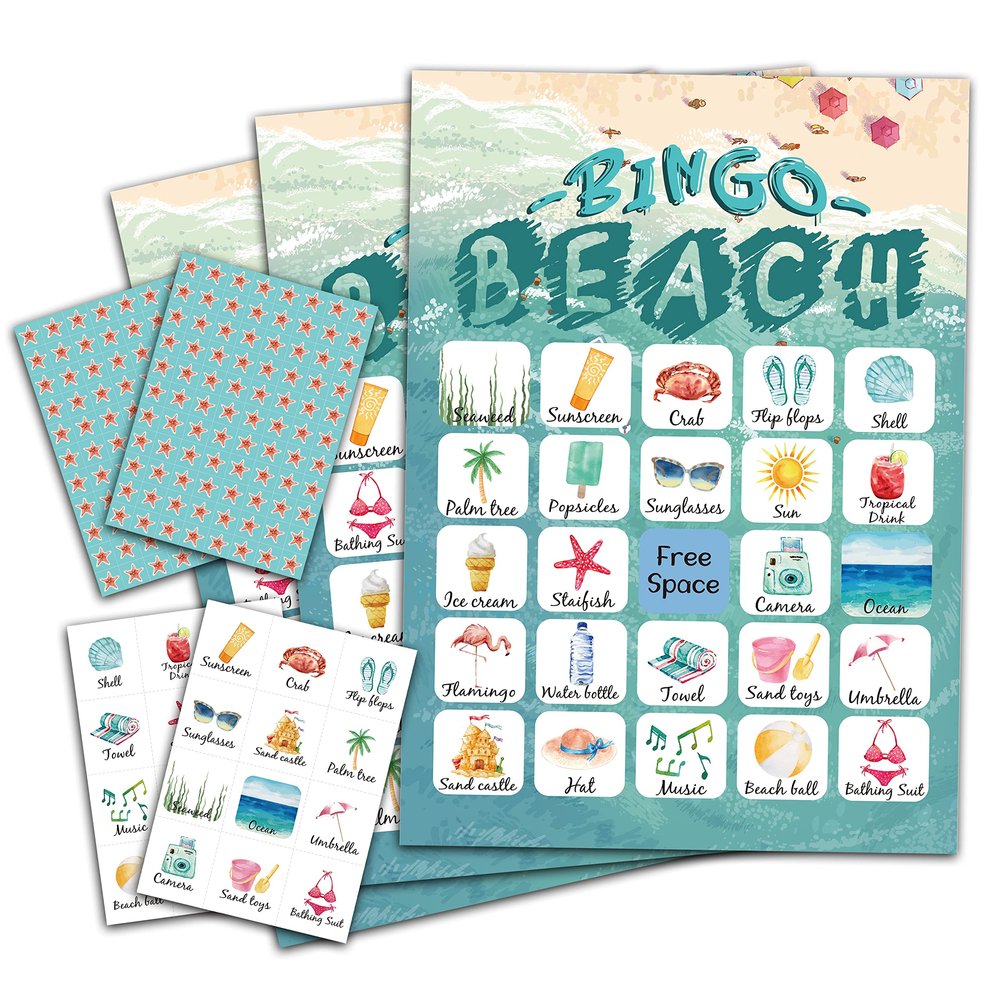 ZEDEV Beach Bingo Game, Party Games with 24 Players, Family Activities, Bingo Cards for Party Supplies, Party Favors Gifts for Young Adults - beach02
