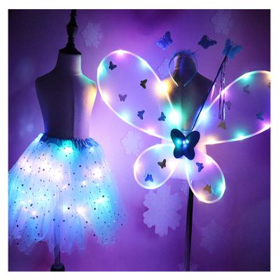 PURFEEL Girls Led Light up Angel Wings Kids Butterfly Wings Costume 4Pcs Sets Blue