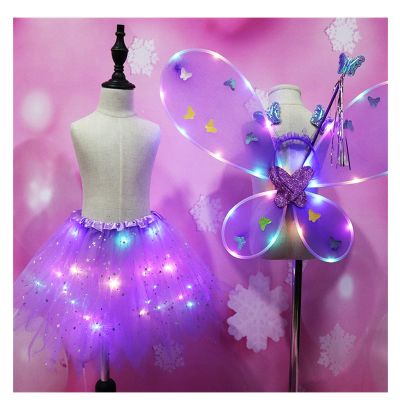 PURFEEL Girls Led Light up Angel Wings Kids Butterfly Wings Costume 4Pcs Sets Purple