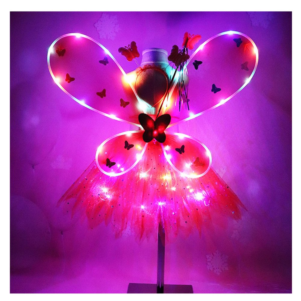 PURFEEL Girls Led Light up Angel Wings Kids Butterfly Wings Costume 4Pcs Sets Red