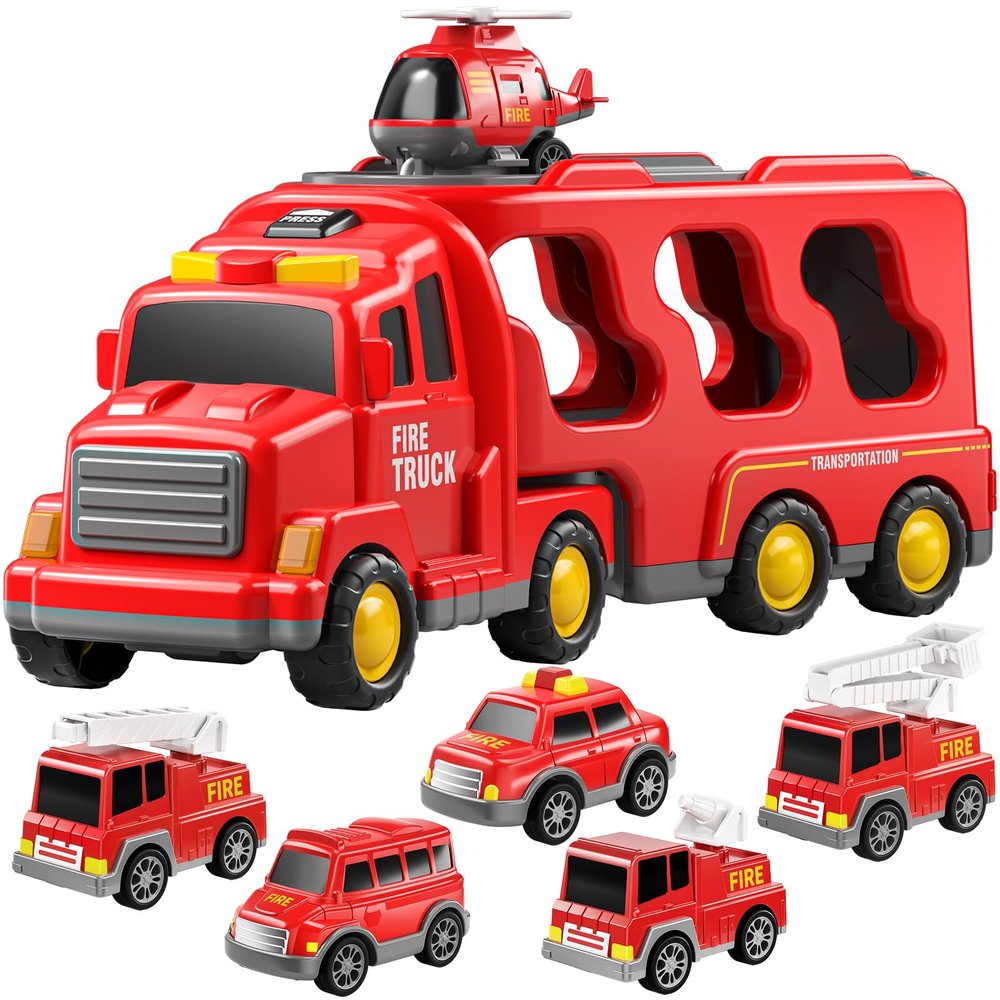 TEMI Toddler Truck Boy Toys for Kids 3-5 Years - 7 Pack Friction Powered Vehicle Car Toy for Toddlers 1-3, Carrier Truck Toys for 3 4 5 6 Years Old Boys Girl, Christmas Birthday Gifts for Age 3-9