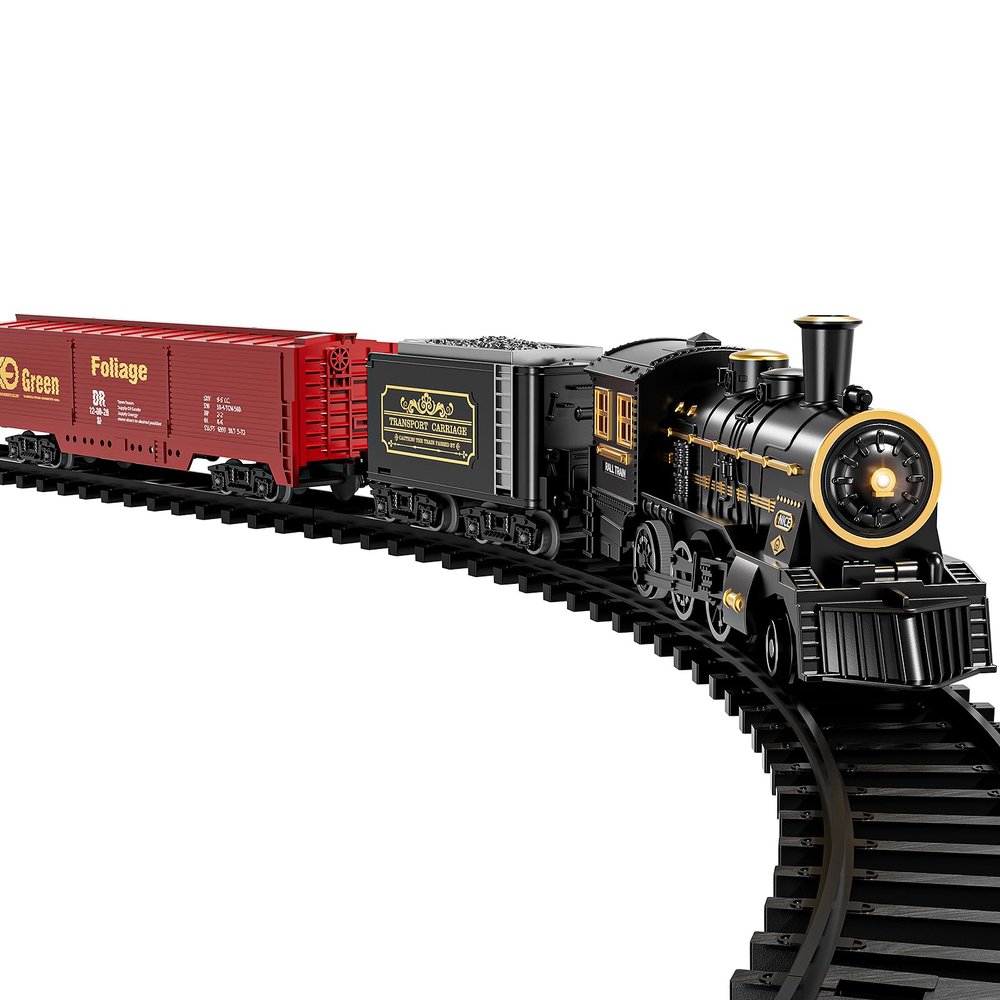 TEMI Steam Train Toy Set for Boys 3 4 5 6 7 Years, with Sounds & Light, Electric Classical Engine Locomotive for Kids, Rechargeable Model Train Kit for Christmas Tree, Cargo Car Railway Tracks