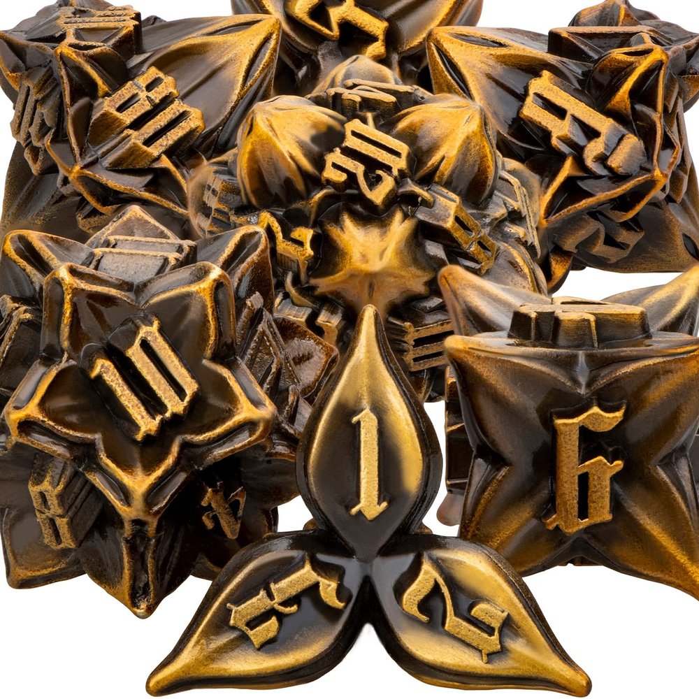 ARUOHHA DND Metal Dice Set Ancient Gold Leaf Design Polyhedral Dice with Box, 7PCS D and D Dice RPG Role Playing Games D20 D12 D10 D8 D6