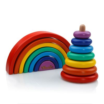 BUSY PUZZLE Wooden Stacking Pyramid, Wooden Rainbow Toy, Montessori Toys, Sensory Toy, Nursery Decor, for Toddlers