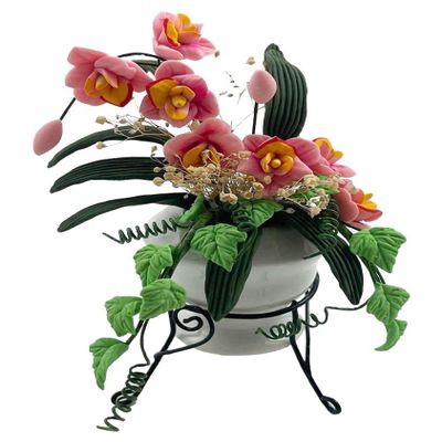 Melody Jane Dolls Houses Dollhouse Pink Flowers in Large Ceramic Garden Urn & Black Tripod Stand