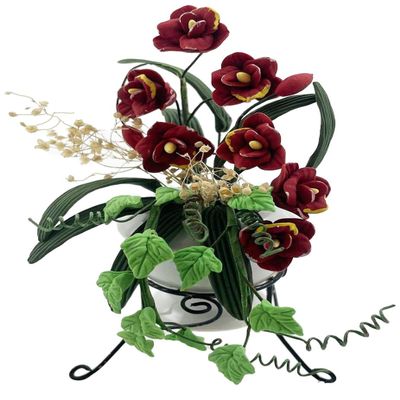 Melody Jane Dolls Houses Dollhouse Deep Red Flowers in Large Ceramic Garden Urn & Black Tripod Stand