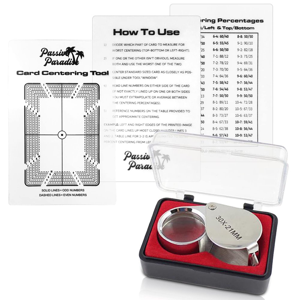 Passive Paradise Card Grading Centering Tool Set for Pokemon - Magnifying Tool & Cleaning Cloth Included - Trading Card Submission Pre-Inspection Kit