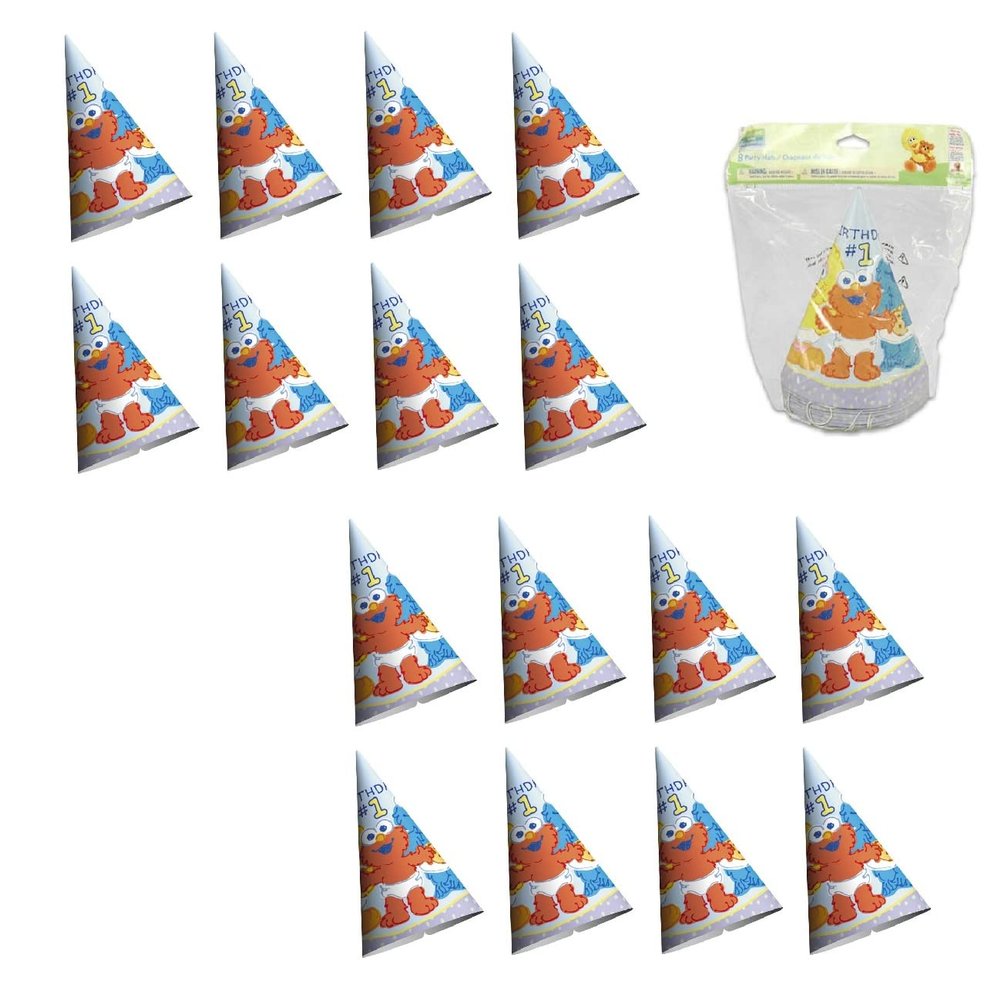 Amscan Sesame Street 1st Birthday Party Supplies Bundle Pack includes Party Cone Hats - 16 Count
