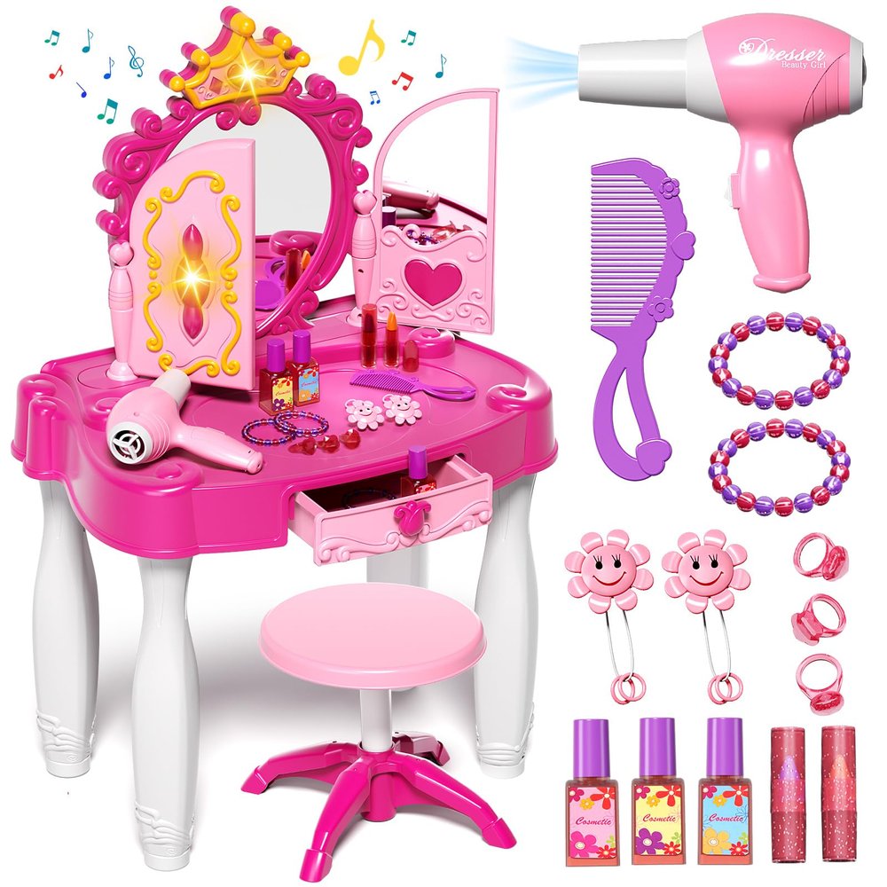 Eohemeral Toddler Vanity Set with Light and Music Mirror, Kids Makeup Table with Chair and Real Sound Hair Dryer, Pretend Play Princess Dress Up Toy for Girls Age 3 4 5