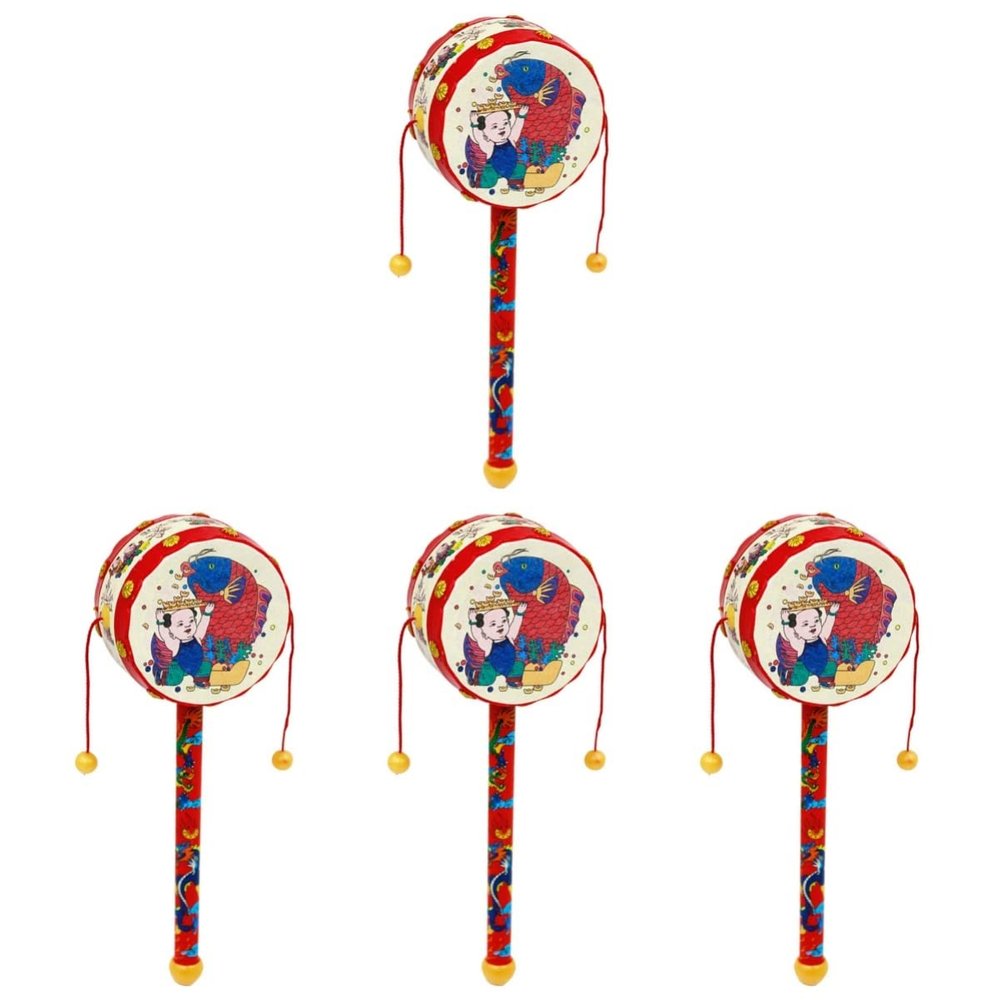 Kisangel Wooden Baby Rattle Drum Toy with Traditional Chinese Boy Design Handheld Musical Shaker for Infant Sensory Development and Hand Coordination 4 Pieces
