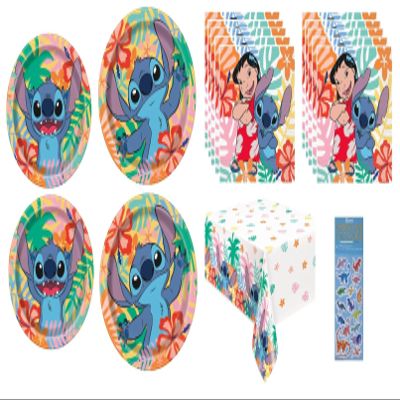 Disney Lilo and Stitch Birthday Party Supplies Bundle includes 16 Paper Plates 7", 16 Plates 9", 32 Napkins, 1 Table Cover, 1 Dinosaur Sticker Sheet