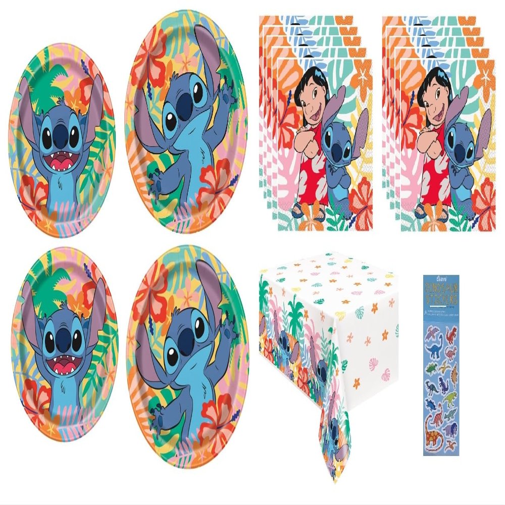 Disney Lilo and Stitch Birthday Party Supplies Bundle includes 16 Paper Plates 7", 16 Plates 9", 32 Napkins, 1 Table Cover, 1 Dinosaur Sticker Sheet
