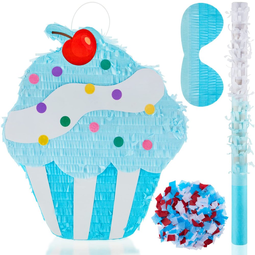 Sosation 15.7" Cupcake Piata for Birthday Party Supplies with Stick, Blindfold and Confetti for Kids Girls Baby Shower Candy Donut Ice Cream Piata Party Decoration Prop