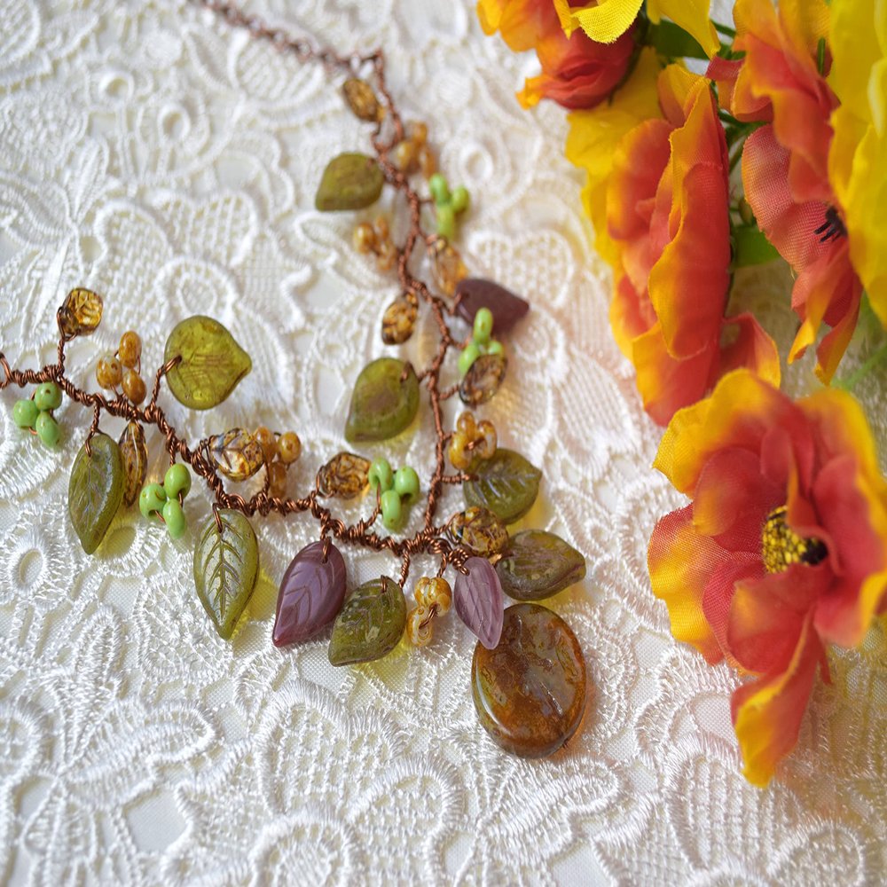 Glass Floral Necklace Dragonfly Green Leaves Leaf Jewelry Fall Copper Wire Wrap Nature Jewelry for Brides Autumn Wedding Rustic Vintage Bib