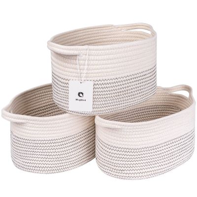 laughbird Medium and Large Woven Basket//With Handle, Used for Toys and Fabric Storage Basket used for Storing xl Storage Box, Decorative Storage Box Room 2pack (White/black line, L13W9H7)
