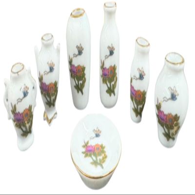 Dollhouse White Vase & Plate Ornament Set Floral Design Miniature Accessory