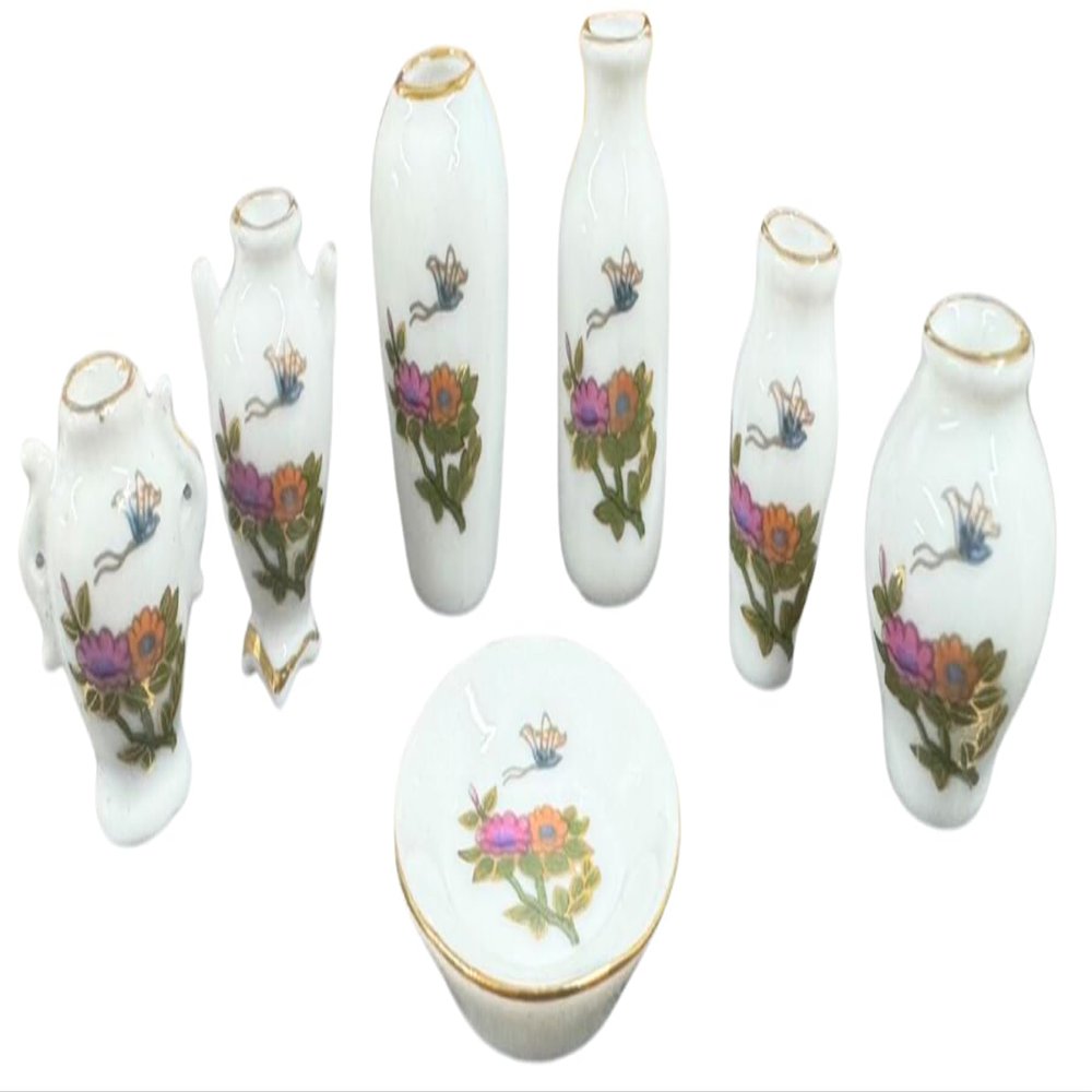 Dollhouse White Vase & Plate Ornament Set Floral Design Miniature Accessory