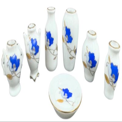 Melody Jane Dolls Houses Dollhouse Vase & Bowl Set Royal Blue Gold Floral Design Ornament Accessory