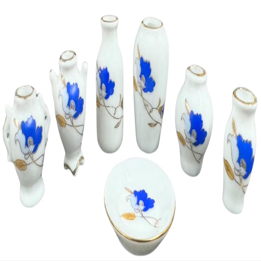 Melody Jane Dolls Houses Dollhouse Vase & Bowl Set Royal Blue Gold Floral Design Ornament Accessory