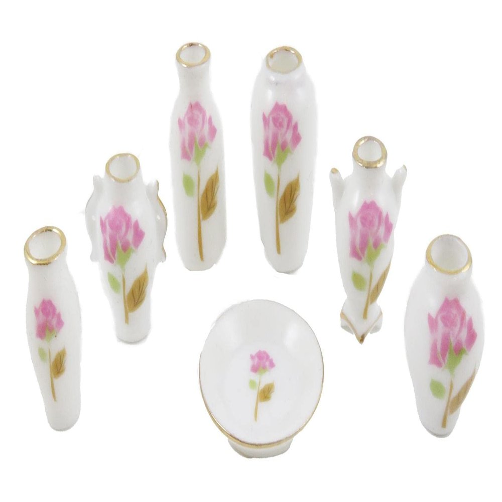 Melody Jane Dolls Houses Dollhouse Vase & Plate Set Pink Rose Design Ornaments Porcelain Accessory