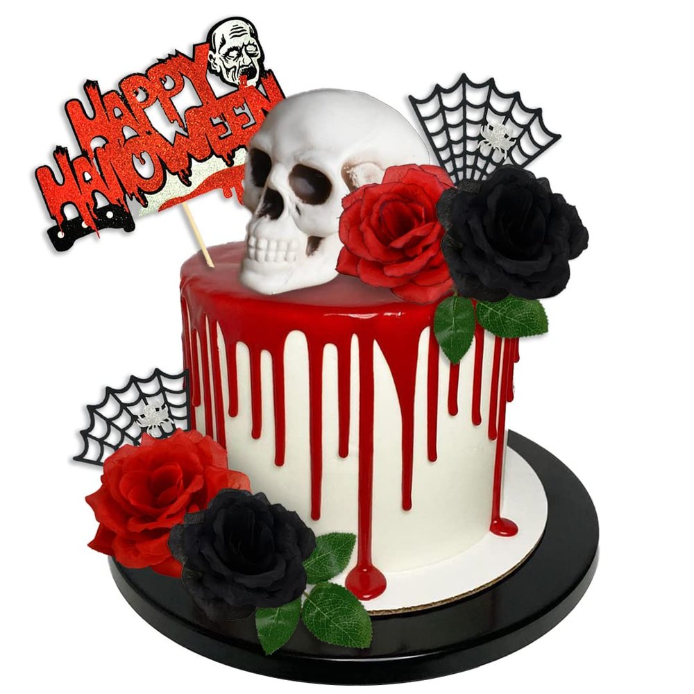 11 PCS Halloween Cake Topper Flower Cake Topper Ghost Decorations with Skeleton Zombie Tombstone Scarlet Toppers for Halloween Bloody Horror Movie Birthday Cake Decorations (Red)
