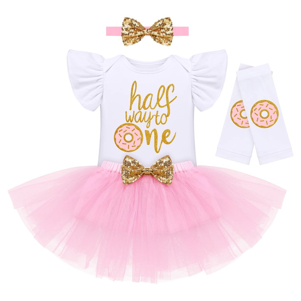 Baby Girls Donut 1/2 1st 2nd 3rd Birthday Outfit Donut Romper Tutu Skirt Headband Leg Warmers Clothes Set for Cake Smash Photo Shoot Donut Themed Birthday Party Dress up Pink Half Way to One 6 Months