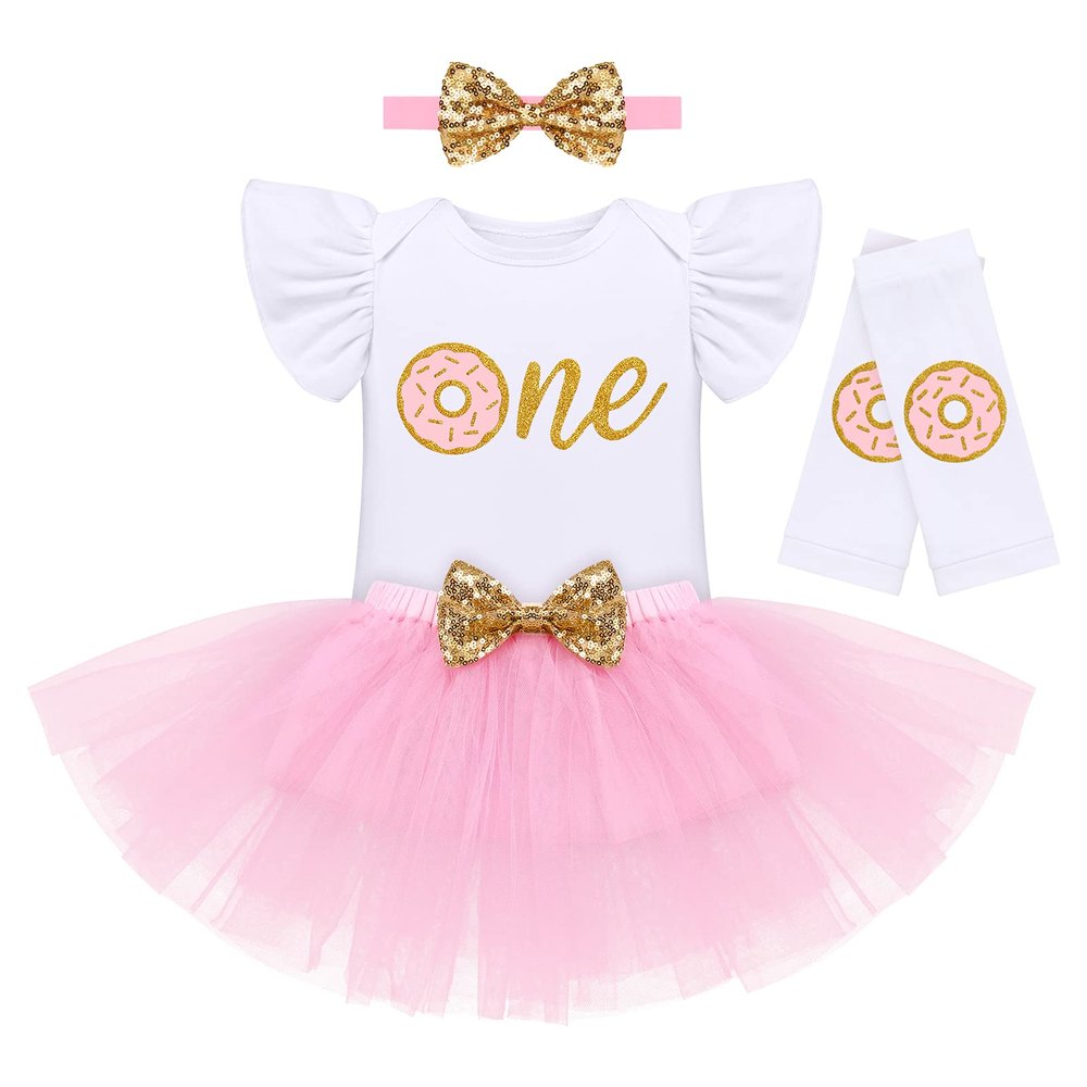 Baby Girls Donut 1/2 1st 2nd 3rd Birthday Outfit Donut Romper Tutu Skirt Headband Leg Warmers Clothes Set for Cake Smash Photo Shoot Doughnut Themed Birthday Party Dress up Pink One - Ruffle 1 Year
