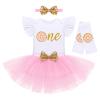 Baby Girls Donut 1/2 1st 2nd 3rd Birthday Outfit Donut Romper Tutu Skirt Headband Leg Warmers Clothes Set for Cake Smash Photo Shoot Doughnut Themed Birthday Party Dress up Pink One - Ruffle 1 Year view 1