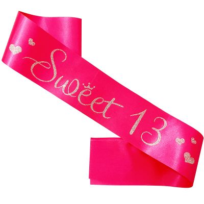 13th Birthday Sash, Hot Pink Satin Soft Official Teenager Sash with Silver Glitter Letter Sweet 13 Birthday Decorations Gifts for Girls Happy 13th Birthday Party Favor Supplies