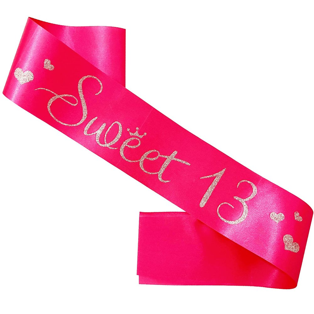 13th Birthday Sash, Hot Pink Satin Soft Official Teenager Sash with Silver Glitter Letter Sweet 13 Birthday Decorations Gifts for Girls Happy 13th Birthday Party Favor Supplies