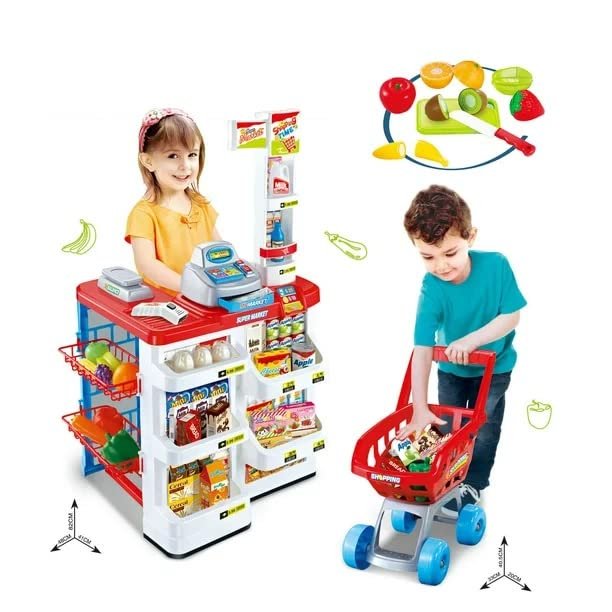 Supermarket Play Set for Kids W/Shopping Cart W/Cash Register Pretend Play Girls Boys Toddlers Age 3 4 5.