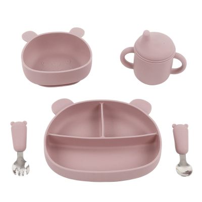 Baby Feeding Set, Plplaaoo Food Grade Silicone Bear Design Plate Bowl Drinking Cup Spoon Fork Infant Feeding Kit for Babies Kids Toddlers, 5Pcs Baby Dishes, First Stage Self Feeding Utensils(Pink)