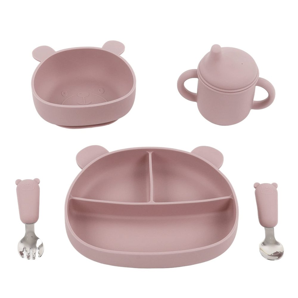 Baby Feeding Set, Plplaaoo Food Grade Silicone Bear Design Plate Bowl Drinking Cup Spoon Fork Infant Feeding Kit for Babies Kids Toddlers, 5Pcs Baby Dishes, First Stage Self Feeding Utensils(Pink)