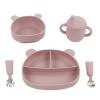 Baby Feeding Set, Plplaaoo Food Grade Silicone Bear Design Plate Bowl Drinking Cup Spoon Fork Infant Feeding Kit for Babies Kids Toddlers, 5Pcs Baby Dishes, First Stage Self Feeding Utensils(Pink) view 1