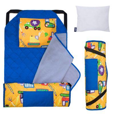 Wildkin Modern Kids Nap Mat  Soft Cotton Blend with Pillow & Elastic Straps for School & Travel - Under Construction
