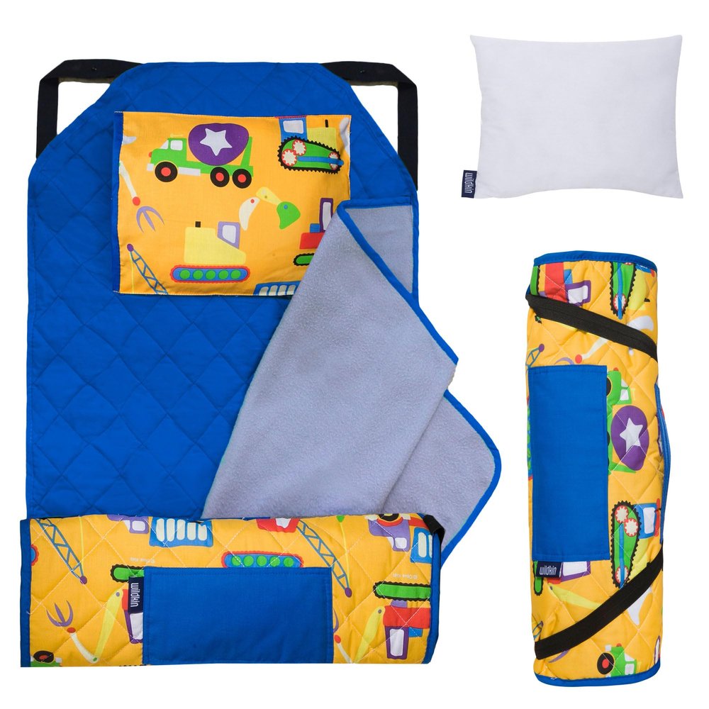 Wildkin Modern Kids Nap Mat Soft Cotton Blend with Pillow & Elastic Straps for School & Travel - Under Construction