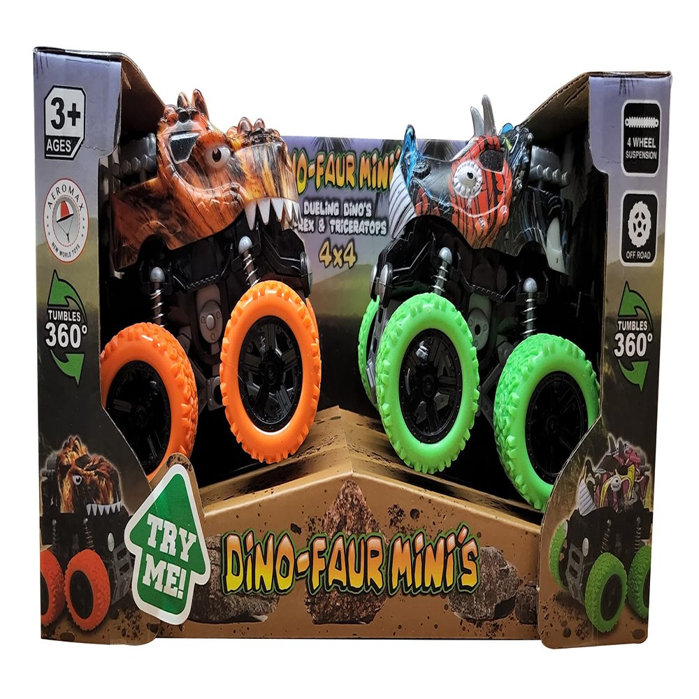 Aeromax Dino-Faur Mini Friction Powered Push N Go Truck TREX and Triceratops 2 Pack (PBDB-C)