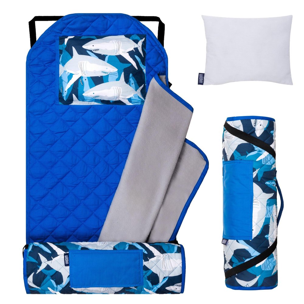 Wildkin Modern Kids Nap Mat Soft Cotton Blend with Pillow & Elastic Straps for School & Travel - Sharks