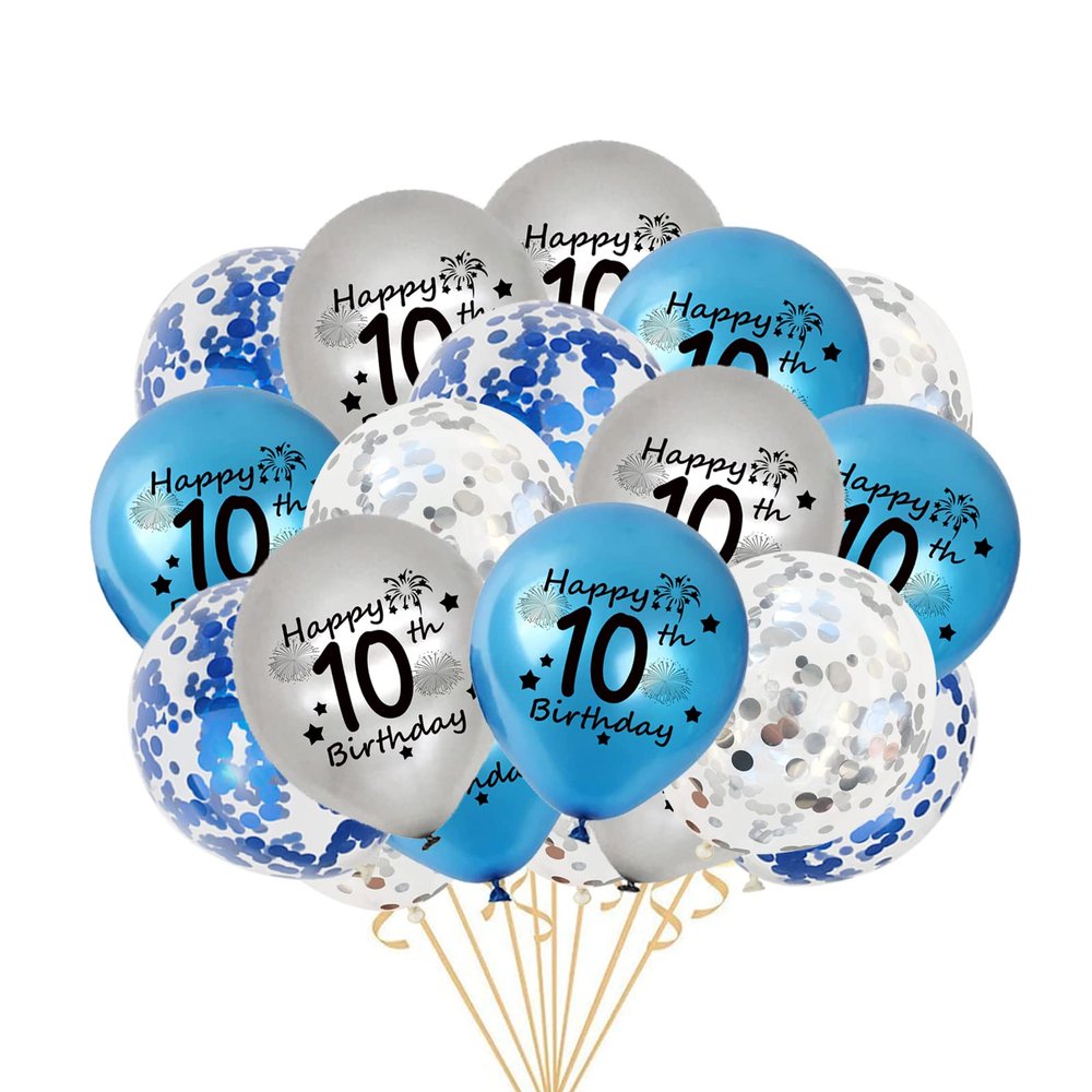 10th Birthday Balloon, Pack of 20 Blue Silver Happy 10th Birthday Latex Confetti Balloon Ribbons for Double Digits 10th Birthday Party Decorations Boys 10 Year Old Birthday Supplies 12inch (Blue)