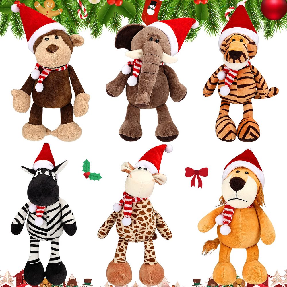 6 Pieces 11.8 Inch Christmas Stuffed Animal Christmas Plush Monkey Giraffe Elephant Lion Tiger Zebra for Kids, Safari Party Decorations