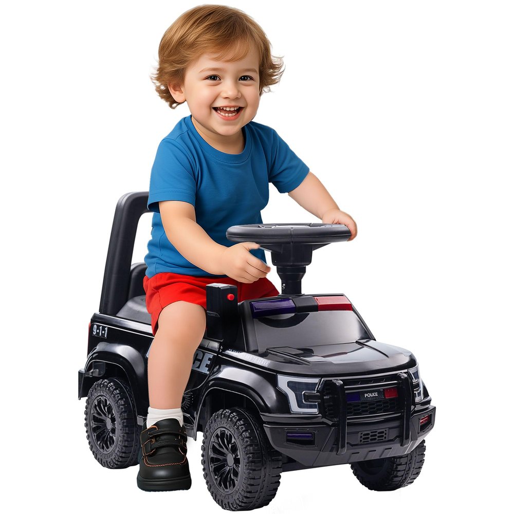 Aosom Kids Push Ride On Car with Working PA System and Horn, Police Truck Style Foot-to-Floor Sliding Car for Boys and Girls with Under-Seat Storage, for 18 Months to 5 Years Old, Black