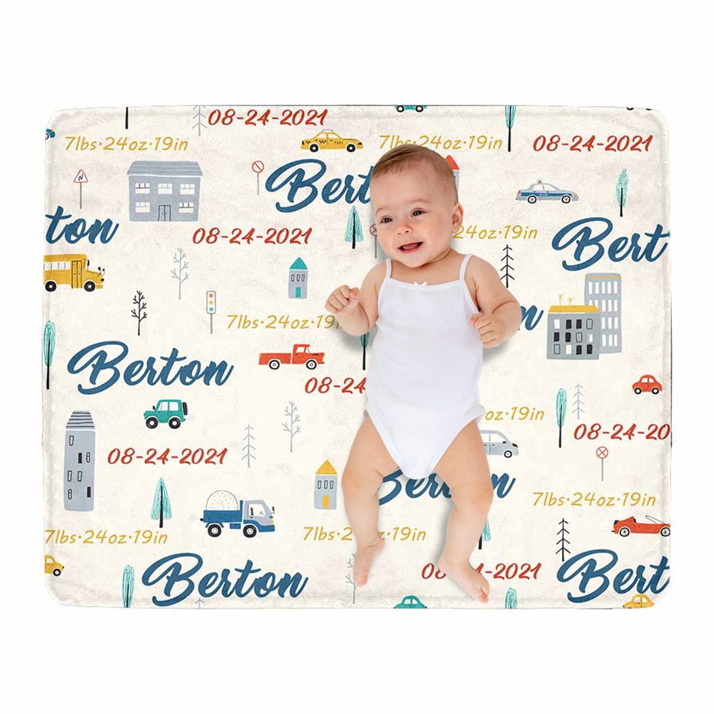 Artsadd Customized Baby Blankets with Birth Information, Personalized Car Printed Baby Birth Commemorate Blanket, Custom Newborn Blanket for Boys for Mom, Dad, Grandparents 40"x50"