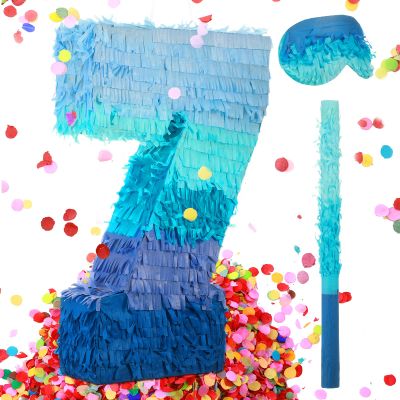 Sratte Number 1 2 3 4 5 6 7 8 9 Piata with Stick Blindfold Confetti, Gradient Blue Piata for Kids Boys Girls Birthday Party Anniversary Decorations Supplies(Number 7)