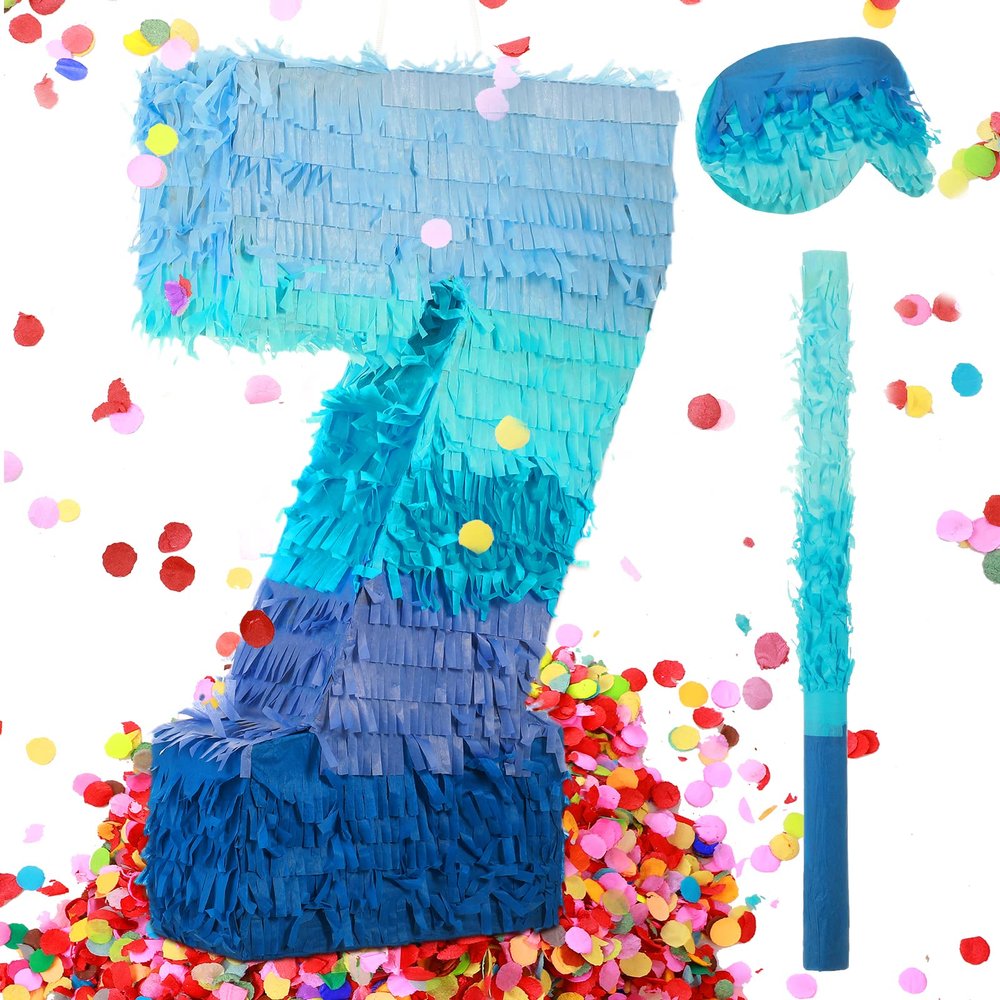 Sratte Number 1 2 3 4 5 6 7 8 9 Piata with Stick Blindfold Confetti, Gradient Blue Piata for Kids Boys Girls Birthday Party Anniversary Decorations Supplies(Number 7)
