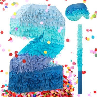 Sratte Number 1 2 3 4 5 6 7 8 9 Piata with Stick Blindfold Confetti, Gradient Blue Piata for Kids Boys Girls Birthday Party Anniversary Decorations Supplies(Number 2)